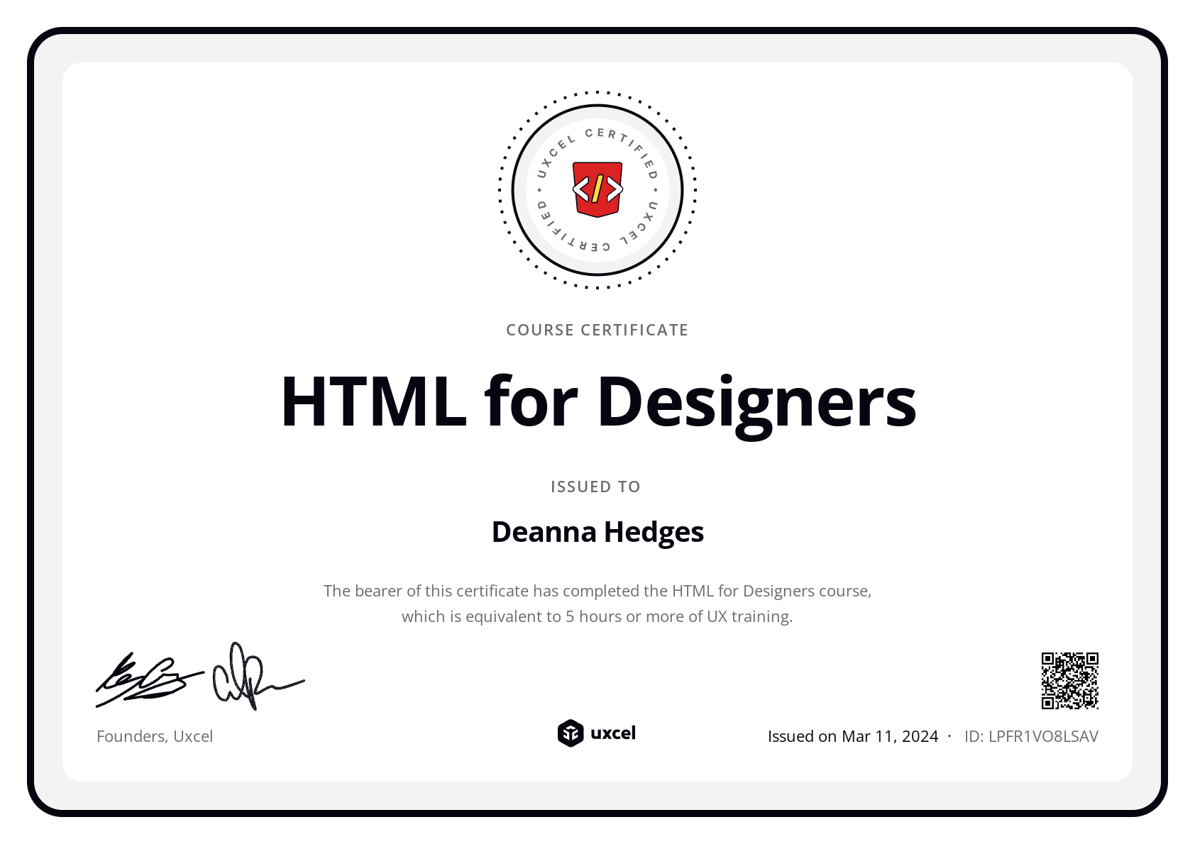 Deanna Hedges's certificate